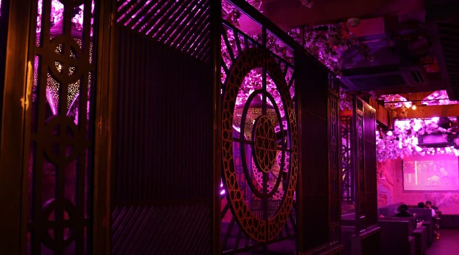 Junoon Cafe ornate gate in pink ambient light